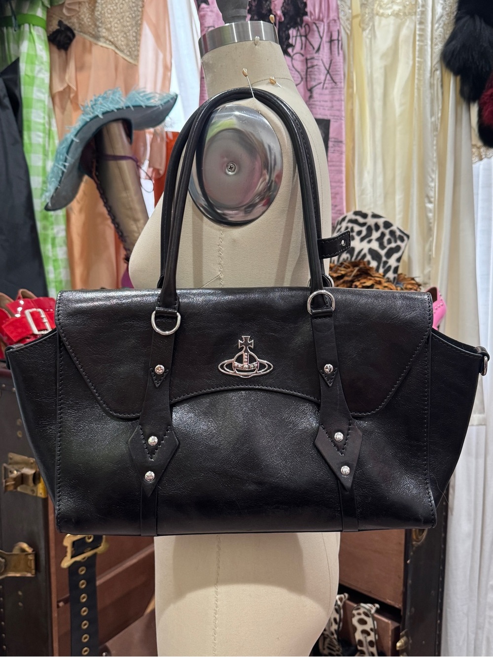 Vivienne Westwood Black Leather Shoulder Bag with Orb Emblem